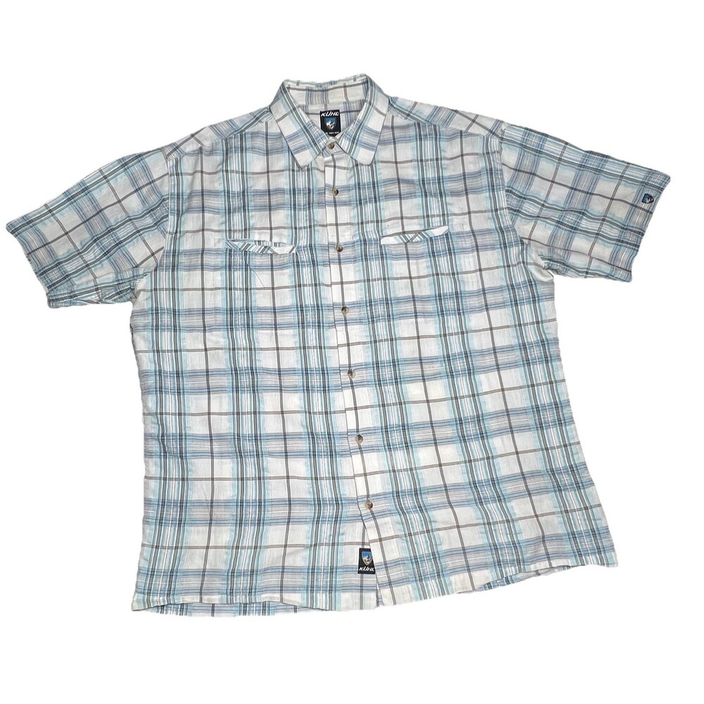 Kuhl Mens Size 2XL Blue/gray Striped Athletik Fit Button Up Short Sleeve Shirt
